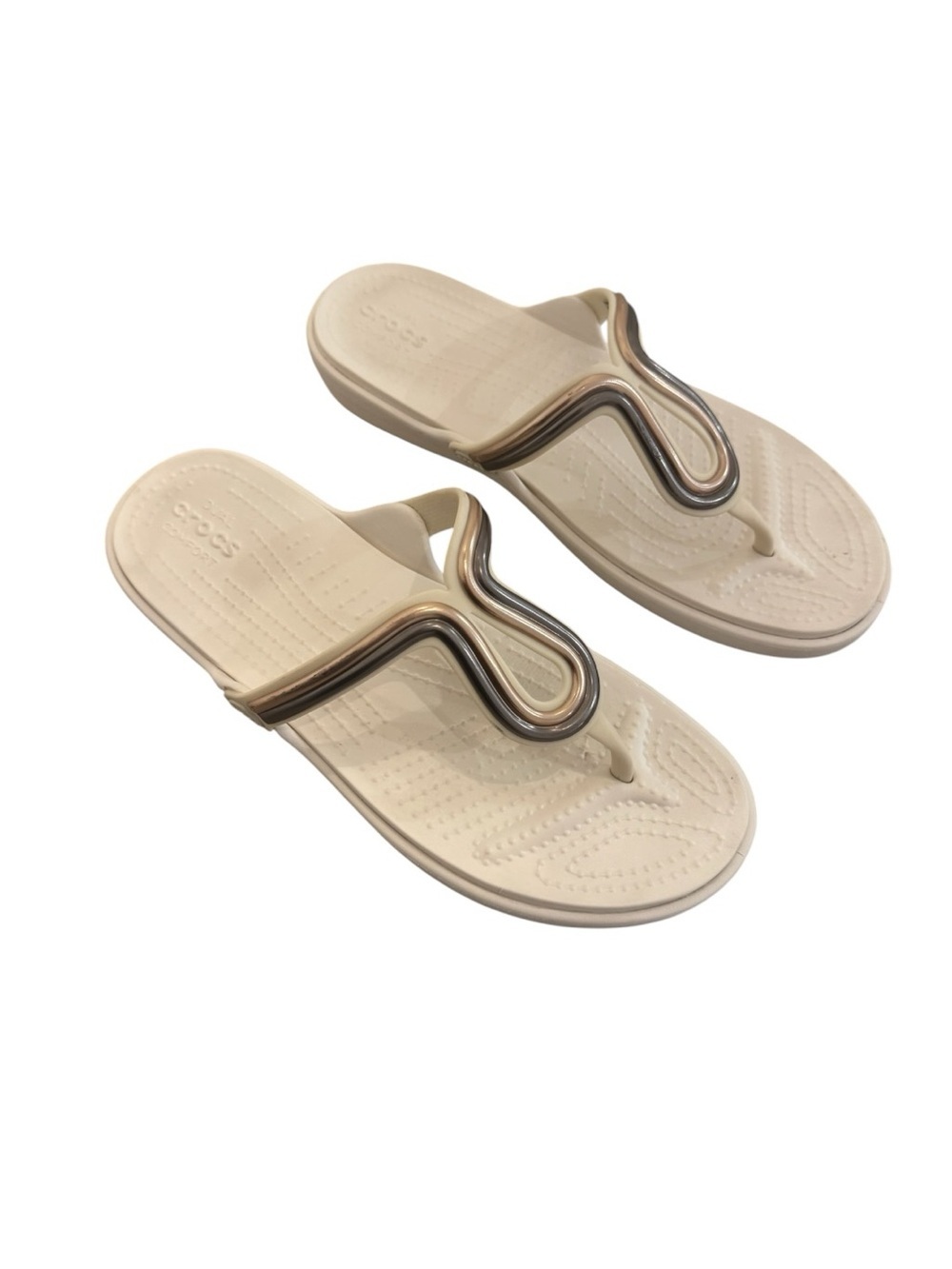 Crocs Sanrah Metal-Block sandals in a white and rose gold colorway women’s size9